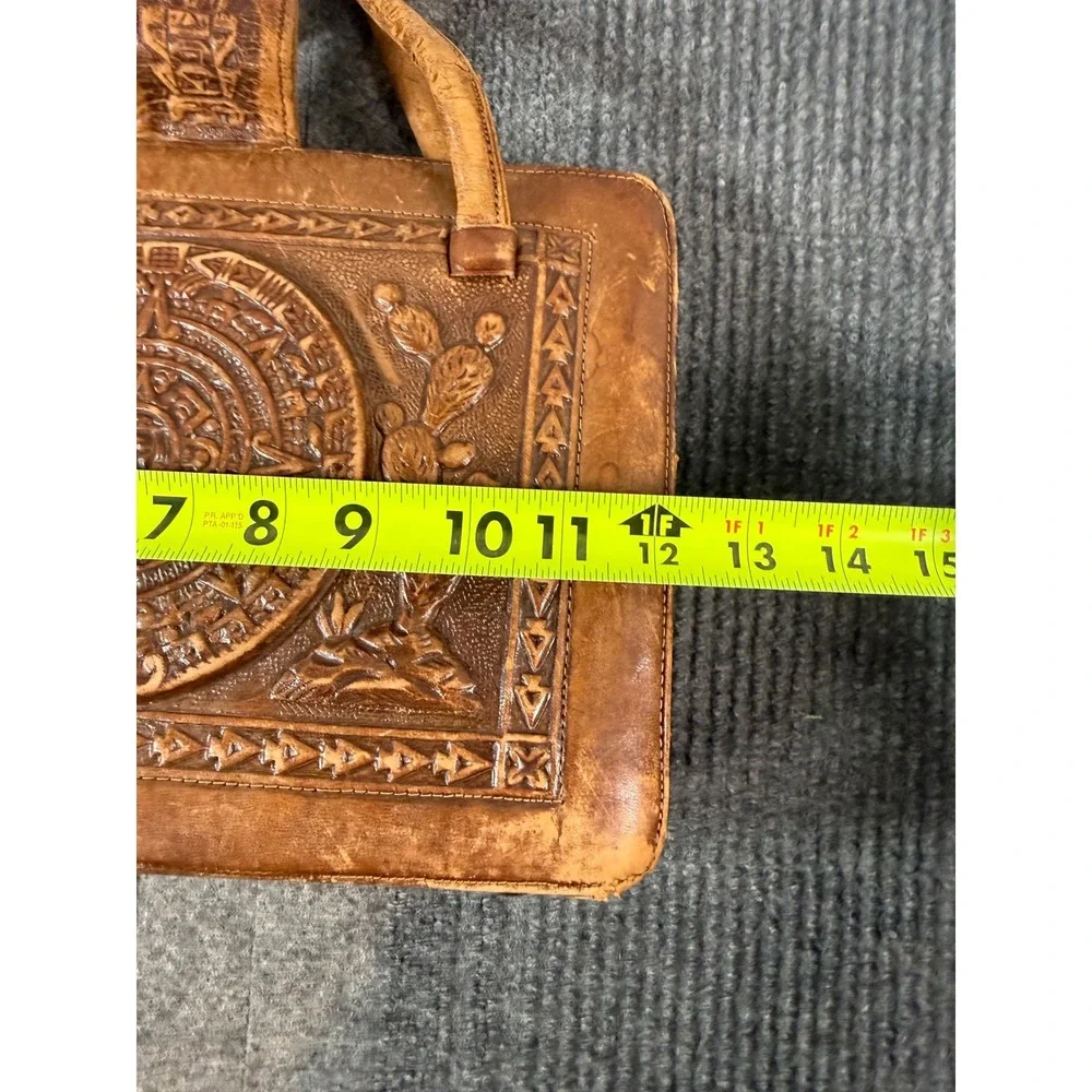 Vintage Mexican Tooled Leather Aztec Calendar Satchel Bag Cowhide Hecho Mexico - Picture 8 of 10